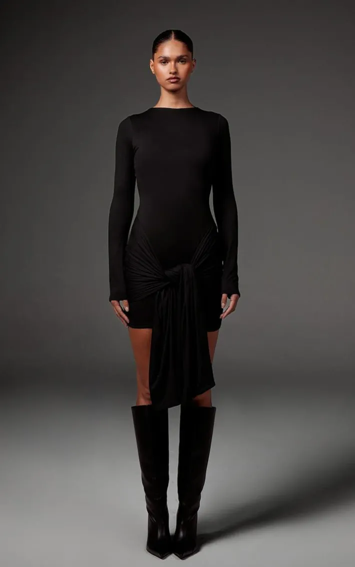 Black Double Contour Long Sleeve Wrap Detail Bodycon Dress
