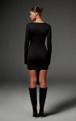 Black Double Contour Long Sleeve Wrap Detail Bodycon Dress