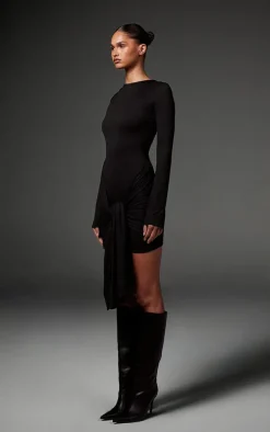 Black Double Contour Long Sleeve Wrap Detail Bodycon Dress