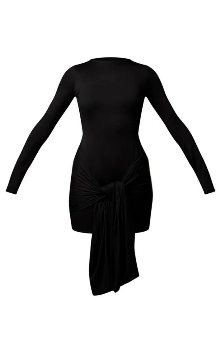 Black Double Contour Long Sleeve Wrap Detail Bodycon Dress