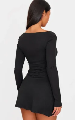 Black Double Contour Square Neck Long Sleeve Bodycon Dress