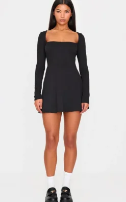 Black Double Contour Square Neck Long Sleeve Bodycon Dress