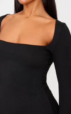 Black Double Contour Square Neck Long Sleeve Bodycon Dress
