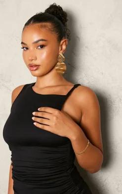 Black Double Contour Twist Strap Ruched Bodycon Dress