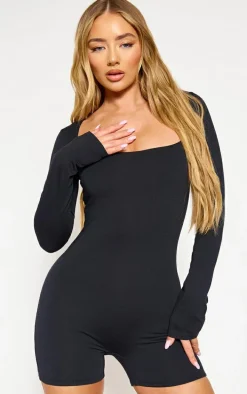 Black Double Layer Contour Jersey Square Neck Long Sleeve Unitard