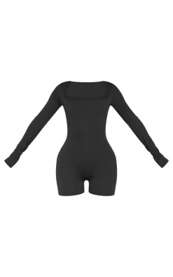 Black Double Layer Contour Jersey Square Neck Long Sleeve Unitard