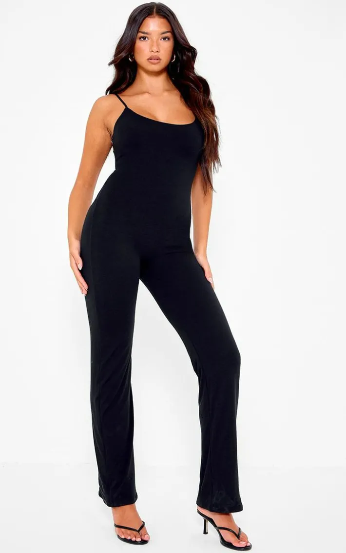 Black Double Layer Contour Jersey Strappy Scoop Back Jumpsuit