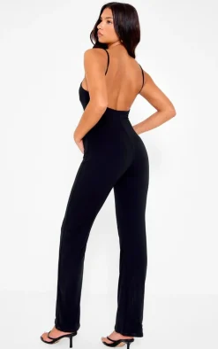 Black Double Layer Contour Jersey Strappy Scoop Back Jumpsuit