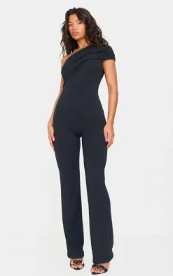 Black Double Layer Contour Jersey Asymmetric Ruched Detail Jumpsuit