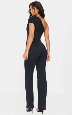 Black Double Layer Contour Jersey Asymmetric Ruched Detail Jumpsuit