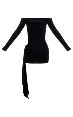 Black Double Layer Long Sleeve Bardot Side Tie Mini Dress