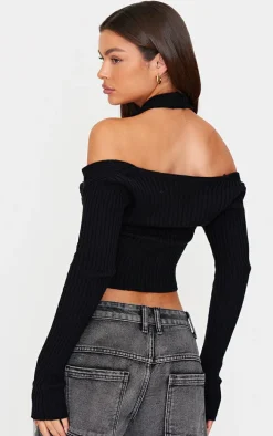 Black Double Layer Rib Knit Long Sleeve Top