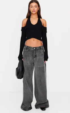 Black Double Layer Rib Knit Long Sleeve Top