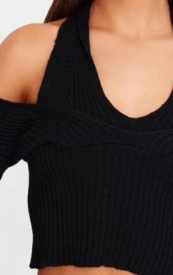 Black Double Layer Rib Knit Long Sleeve Top