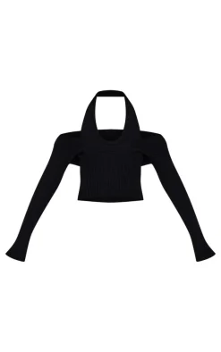 Black Double Layer Rib Knit Long Sleeve Top