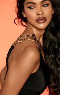 Black Double Layer Slinky Chunky Chain Asymmetrical Bodycon Dress