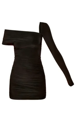 Black Double Layer Slinky Ruched Asymmetrical Bodycon Dress