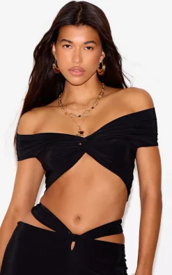 Black Double Layer Slinky Twist Crop Top