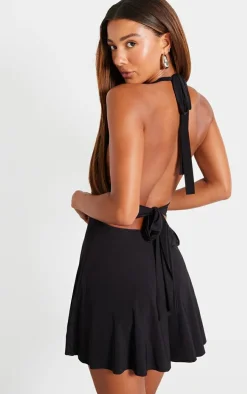 Black Double Layer Slinky Halter Neck Tie Back Shift Dress