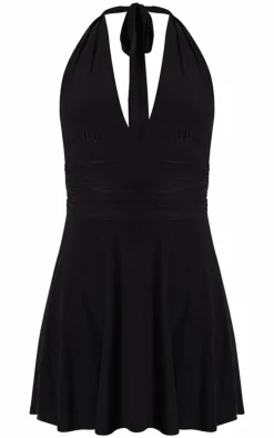 Black Double Layer Slinky Halter Neck Tie Back Shift Dress