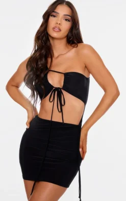 Black Double Layer Slinky One Shoulder Cut Out Mini Dress