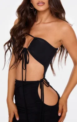 Black Double Layer Slinky One Shoulder Cut Out Mini Dress