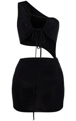Black Double Layer Slinky One Shoulder Cut Out Mini Dress