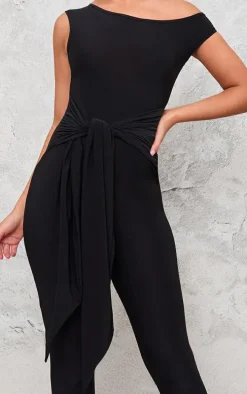 Black Double Layer Slinky Knot Detail Wrap Front Jumpsuit