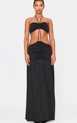 Black Double Layer Slinky Tie Neck Cut Out Maxi Dress