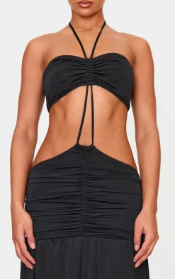 Black Double Layer Slinky Tie Neck Cut Out Maxi Dress