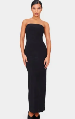 Black Double Layer Slinky Bandeau Low Back Maxi Dress