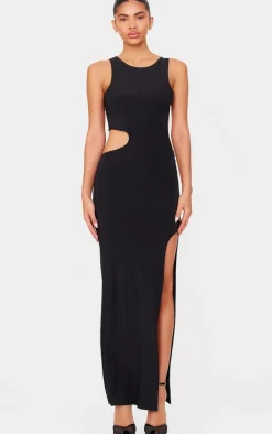 Black Double Layer Slinky Tie Back Maxi Dress