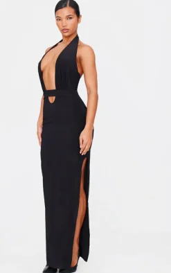 Black Double Layer Slinky Wrap Waist Maxi Dress
