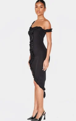 Black Double Layer Slinky Frill Hem Asymmetric Midi Dress