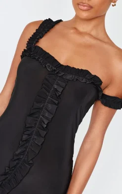 Black Double Layer Slinky Frill Hem Asymmetric Midi Dress