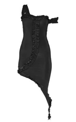 Black Double Layer Slinky Frill Hem Asymmetric Midi Dress