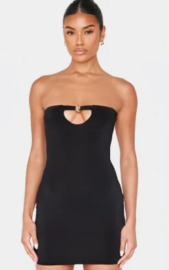 Black Double Layer Slinky Trim Detail Bandeau Mini Dress