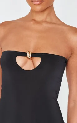 Black Double Layer Slinky Trim Detail Bandeau Mini Dress