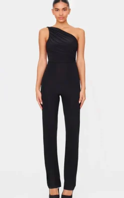 Black Double Layer Slinky Asymmetric Ruched Detail Jumpsuit