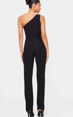 Black Double Layer Slinky Asymmetric Ruched Detail Jumpsuit