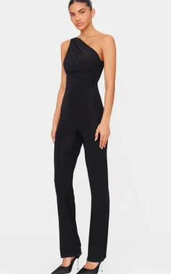 Black Double Layer Slinky Asymmetric Ruched Detail Jumpsuit