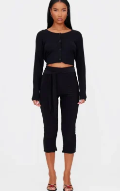 Black Double Layer Wrap Waist Capri Leggings