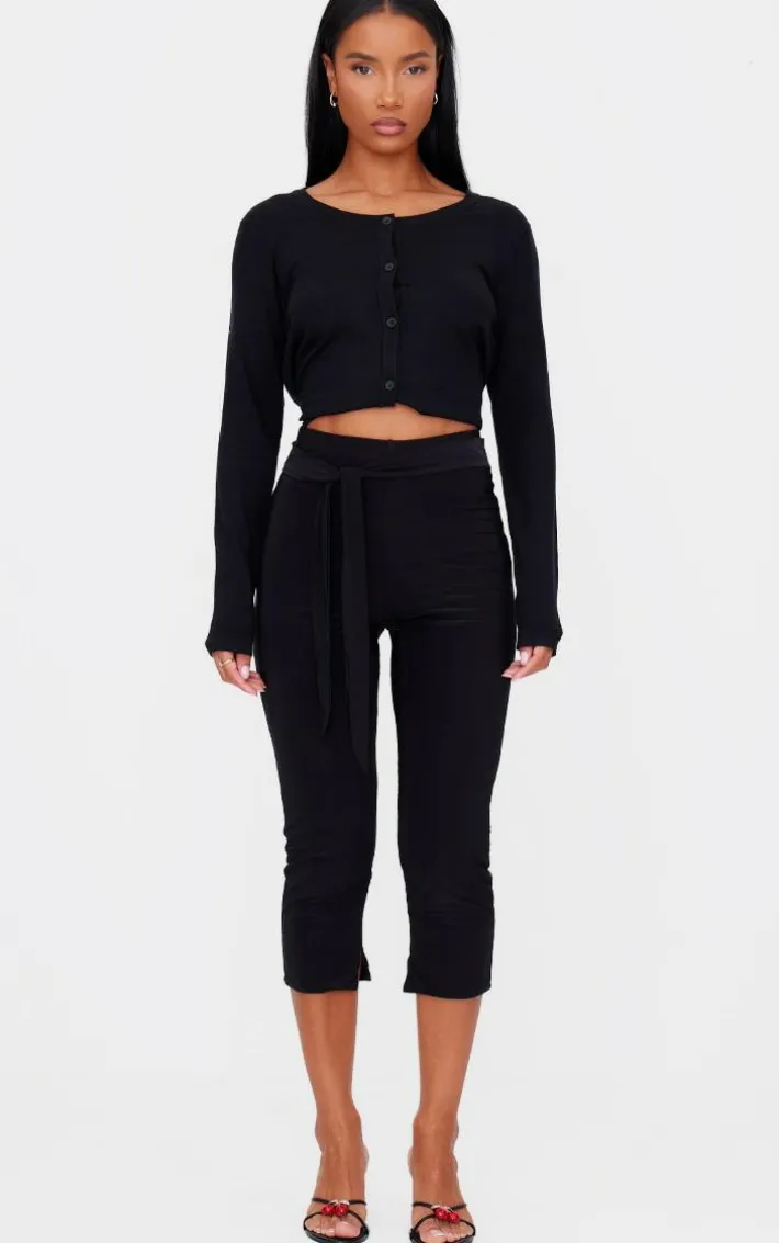 Black Double Layer Wrap Waist Capri Leggings