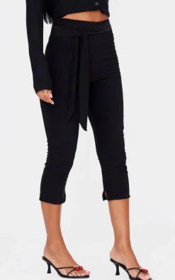 Black Double Layer Wrap Waist Capri Leggings