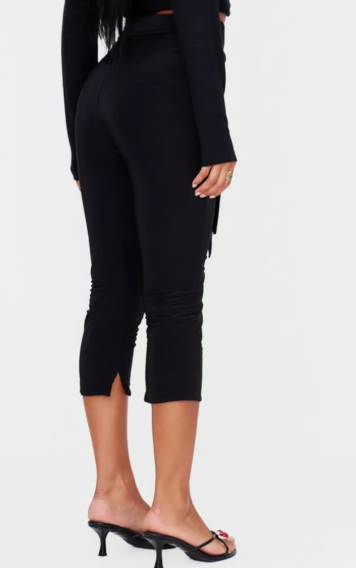 Black Double Layer Wrap Waist Capri Leggings