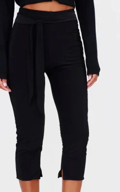 Black Double Layer Wrap Waist Capri Leggings