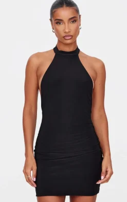 Black Double Slinky High Neck Halterneck Mini Dress