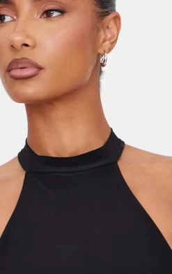 Black Double Slinky High Neck Halterneck Mini Dress