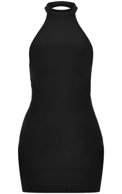 Black Double Slinky High Neck Halterneck Mini Dress