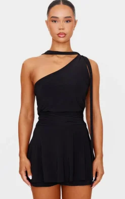 Black Double Slinky Neck Tie Shift Dress
